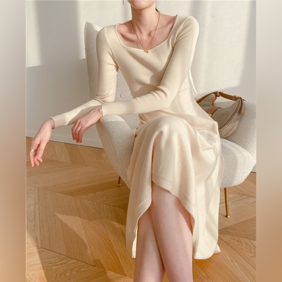 Cream Slim Fit Long Sweater Dress - Picture 5 of 10